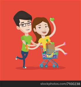 Couple of young carefree friends having fun while riding by shopping trolley. Happy man pushing a shopping cart with his girlfriend and healthy food. Vector flat design illustration. Square layout.. Couple of friends riding by shopping trolley.
