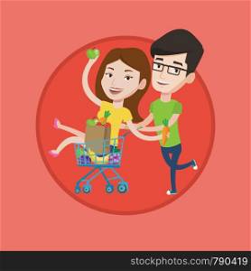 Couple of young carefree friends having fun while riding by shopping trolley. Man pushing a shopping trolley with his girlfriend. Vector flat design illustration in the circle isolated on background.. Couple of friends riding by shopping trolley.