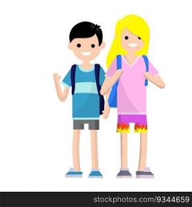 Couple of young high school students in summer clothes on vacation. A guy and a girl with a backpack.. Couple in summer clothes.