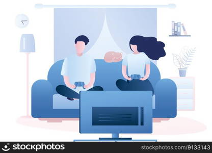 Couple of young people sitting on the couch. Two adults are holding a controllers and playing a game on TV. Living room interior with furniture. Human characters in trendy style. Vector illustration