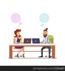 Couple Office Worker Sit at Workplace with Laptop. Business Team on Chair at Table or Desk Work by Computer. Trendy Bearded Man and Young Woman Character in Suit. Cartoon Flat Vector Illustration. Couple Office Worker Sit at Workplace with Laptop