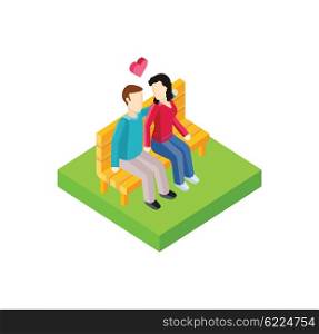Couple on bench isometric design. Couple man and woman, love people together romantic, girlfriend and boyfriend, lover sitting, young two valentine, togetherness vector illustration