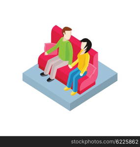 Couple on bench isometric design. Couple man and woman, love people together romantic, girlfriend and boyfriend, lover sitting, young two valentine, togetherness vector illustration