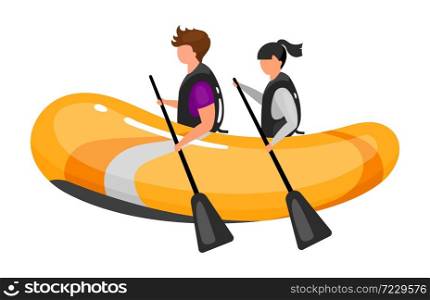 Couple on boat flat vector illustration. Extreme sports experience. Active lifestyle. Outdoor water activities. Teamwork rowing. Sports people isolated cartoon character on white background. Couple on boat flat vector illustration