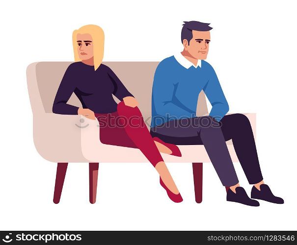 Couple on couch semi flat RGB color vector illustration. People on sofa. Marital conflict. Family quarrel. Unhappy spouses. Psychology consultation. Isolated cartoon character on white background
