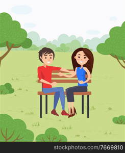 Couple on date in park or forest sitting on bench. Man and Woman happy together and smiling. Trees with green krone. Vector illustration in flat style. Happy Couple on Date in Park Sitting on Bench
