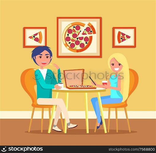 Couple on date in pizza restaurant at table vector. Italian food, girl and guy drink coffee and lemonade, cafe interior and furniture, picture on wall. Couple on Date in Pizza Restaurant at Table