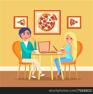 Couple on date in pizza restaurant at table vector. Italian food, girl and guy drink coffee and lemonade, cafe interior and furniture, picture on wall. Couple on Date in Pizza Restaurant at Table