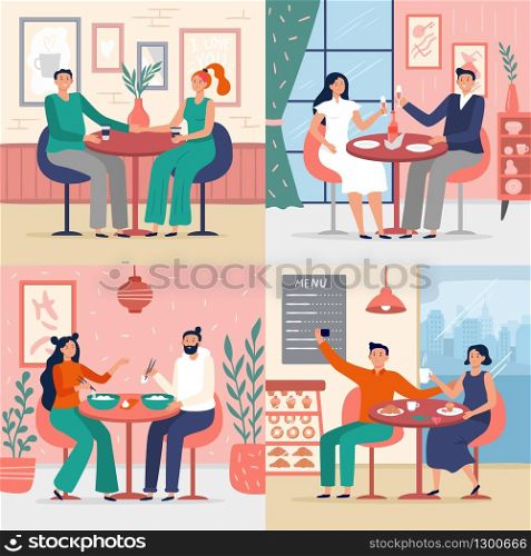 Couple on date in restaurant. Vector illustration set. People girl and boy lover sitting t table in restaurant, love female and male dating. Couple on date in restaurant. Vector illustration set