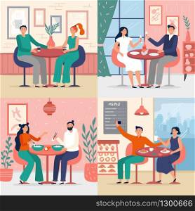 Couple on date in restaurant. Vector illustration set. People girl and boy lover sitting t table in restaurant, love female and male dating. Couple on date in restaurant. Vector illustration set