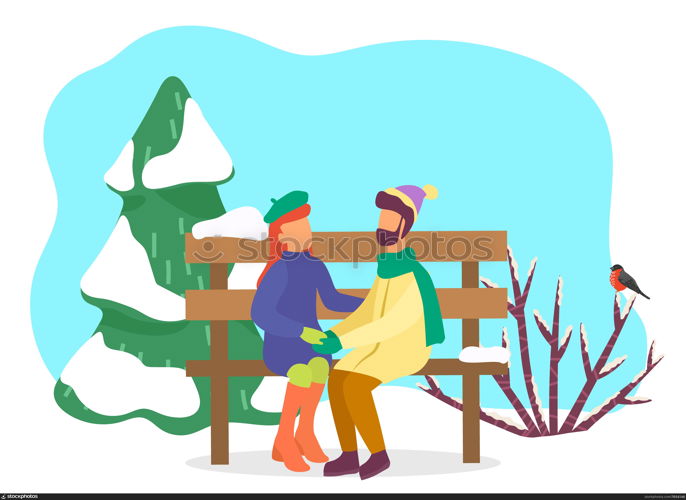 Couple on date in winter park. Man and woman wearing warm clothes hugging sitting on wooden bench covered with snow. Frosty weather in forest with bullfinch on branches of bush. Vector in flat. Couple Dating in Winter Park, Characters Outside