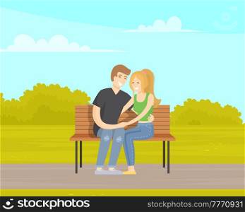 Couple on date outdoors sitting on bench. Girl and guy spend time in park in spring. Romance of young cartoon characters. Woman looks in love with man. People in relationship are hugging in garden. Couple on date outdoors sitting on bench. Girl and guy spend time in summer park hugging in garden