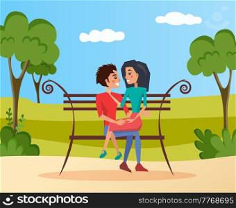 Couple on date outdoors sitting on bench. Girl and guy spend time in park. Romance of characters. Woman looks into eyes of her boyfriend. People in relationship are hugging vector illustration. Woman looks into eyes of her boyfriend. People in relationship are hugging in spring park
