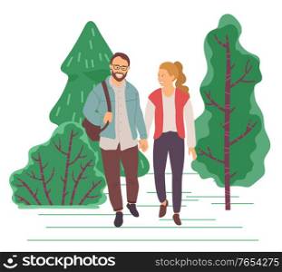 Couple on date, spend leisure time together in park. Man and woman hold each other hands and walking through forest. Beautiful summer landscape with green trees. Vector illustration in flat style. Man and Woman on Date in Park or Forest, Walking
