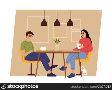 Couple on dating. Geek man and woman sitting on cafe table and drink coffee or tea. Romantic date, first meeting girl boy vector concept. Couple love dating, young romantic man and woman illustration. Couple on dating. Geek man and woman sitting on cafe table and drink coffee or tea. Romantic date, first meeting girl boy vector concept