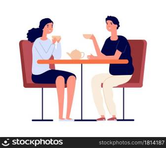 Couple on dating. Man woman drink tea and conversation. Friends meeting, girl boy in love in cafe or restaurant isolated vector characters. Illustration dating and conversation woman and man with tea. Couple on dating. Man woman drink tea and conversation. Friends meeting, girl boy in love in cafe or restaurant isolated vector characters