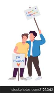 Couple on demonstration for gay rights semi flat color vector characters. Active figures. Full body people on white. LGBT isolated modern cartoon style illustration for graphic design and animation. Couple on demonstration for gay rights semi flat color vector characters