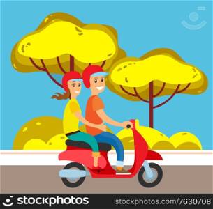 Couple on moped or scooter on suburban street road. Man and woman in helmet, autumnal tree and bush on sidewalk transport and outdoor activity, highway. Motorcycle ride in the autumn park. Vector flat. Couple on Moped or Scooter, Suburban Street Road