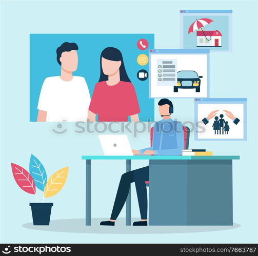 Couple on online consultation with insurance agent. People communicating on internet discussing issues and problems with car property and family security systems. Woman and man on screen vector. Consultation of Couple on Insurance Issues Vector