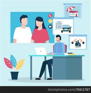 Couple on online consultation with insurance agent. People communicating on internet discussing issues and problems with car property and family security systems. Woman and man on screen vector. Consultation of Couple on Insurance Issues Vector