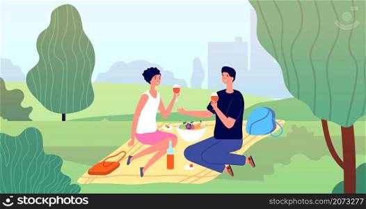 Couple on picnic. Spring picnics, garden or city park family date. Springtime outdoor activity, cartoon people eat on nature utter vector concept. Illustration couple in garden spring. Couple on picnic. Spring picnics, garden or city park family date. Springtime outdoor activity, cartoon people eat on nature utter vector concept