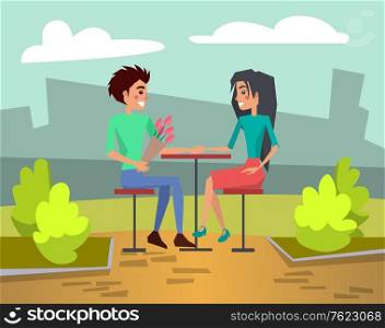 Couple on romantic date in cafe. Young man and woman, pair in love having dinner in restaurant in city. Male character giving bouquet of flowers to girlfriend. Flat cartoon. Two Young People in Love on Date in Cafe Vector