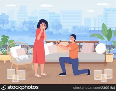 Couple on roof flat color vector illustration. Scandinavian style. Cozy and comfortable roof patio. Man proposing his girlfriend 2D simple cartoon characters with rooftop patio on background. Couple on roof flat color vector illustration
