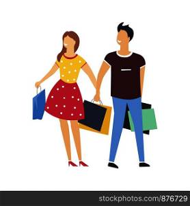 Couple on shopping with bags full of purchases. Man and woman in polka-dot dress walk with packs from shops and stores. Boyfriend and girlfriend with purchases isolated cartoon vector illustration.. Couple on shopping with bags full of purchases
