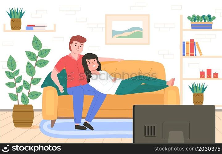Couple on sofa. Happy guy with girl watching movie together in living room interior. People looking at TV. Wife and husband sitting in embrace. Cozy home relax. Vector family relationship concept. Couple on sofa. Guy with girl watching movie together in room interior. People looking at TV. Wife and husband sitting in embrace. Cozy home relax. Vector family relationship concept
