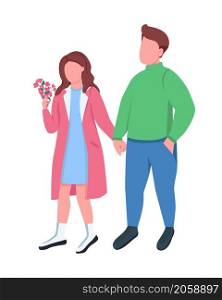 Couple on spring walk semi flat color vector characters. Dynamic figures. Full body people on white. Romance isolated modern cartoon style illustration for graphic design and animation. Couple on spring walk semi flat color vector characters