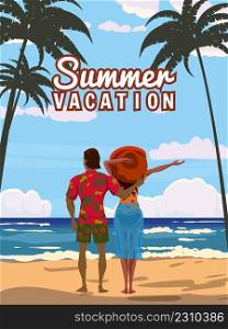 Couple on Summer Vacation, seaside resort in beach wear red hat enjoing rest. Tropical resort, palms, sea, ocean. Vector illustration retro isolated poster. Couple on Summer Vacation, seaside resort in beach wear red hat enjoing rest. Tropical resort, couple, sea, ocean. Vector illustration