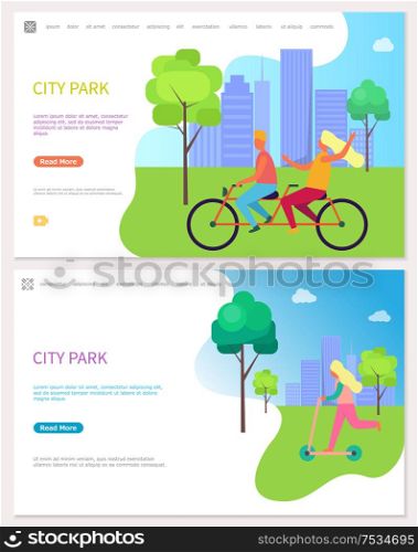 Couple on the bicycle in the ecologically pure city park, landscape. Vector illustration of girl riding scooter on the grass, skyscrapers and cloudy sky. People by Bicycle and Scooter in City Park Vector