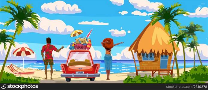 Couple on Vacation, red car with luggage bags, surfboard on the beach. Hut, bungalow, tropical seachore, palms, sea, ocean, back view. Vector illustration retro cartoon style isolated. Couple on Vacation, red car with luggage bags, surfboard on the beach. Hut, bungalow, tropical seachore, palms, sea, ocean, back view. Vector illustration retro cartoon