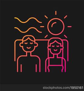 Couple on vacation together gradient vector icon for dark theme. Quality time with partner. Couple relaxing at beach. Thin line color symbol. Modern style pictogram. Vector isolated outline drawing. Couple spending vacation together gradient vector icon for dark theme