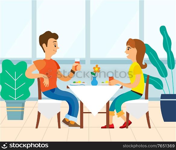 Couple on vacation vector, man and woman eating food and drinking juice in glass cap. Honeymoon of newlyweds, restaurant or bistro dinner flat style. People Couple Eating in Restaurant Eatery or Diner