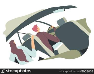 Couple or brother and sister having trip by car, man and woman sitting in automobile. People with fasten belts of safety. Enjoying road and adventure and freedom on weekends. Vector in flat style. Car trip of man and woman, couple or family vector