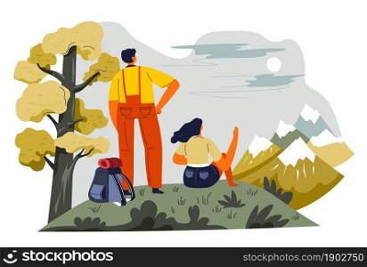 Couple or friends standing and sitting on mountains top looking at view. Trekking and hiking, people traveling and resting in summer. Backpackers reaching high summit during trip. Vector in flat style. Man and woman enjoying mountains view on summit