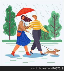 Couple or friends walking together during rainy weather. People on date stroll with domestic pet, puppy in autumn park. Wet trees and shrubs on background. Vector illustration in flat style. Man and Woman Walk with Dog During Rainy Weather