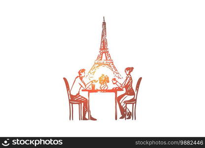 Couple, Paris, love, romance, feelings concept. Hand drawn couple in love sits in cafe concept sketch. Isolated vector illustration.. Couple, Paris, love, romance, feelings concept. Hand drawn isolated vector.