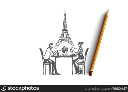 Couple, Paris, love, romance, feelings concept. Hand drawn couple in love sits in cafe concept sketch. Isolated vector illustration.. Couple, Paris, love, romance, feelings concept. Hand drawn isolated vector.