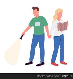 Couple participating in escape room event semi flat color vector characters. Standing figures. Full body people on white. Simple cartoon style illustration for web graphic design and animation. Couple participating in escape room event semi flat color vector characters