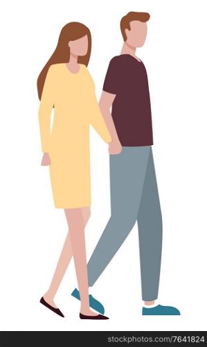 Couple, passers-by or city street walkers, man and woman vector. Girl and guy in casual clothes walking holding hands, male and female characters. Passers-by or City Street Walkers, Man and Woman