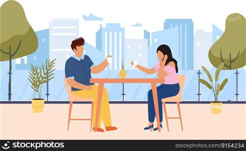 Couple people on love romance dating in outdoor cafe. Female and male cartoon characters sitting at table, drinking coffee and having conversation. Friend meeting at restaurant vector. Couple people on love romance dating in outdoor cafe. Female and male cartoon characters sitting at table