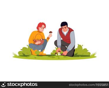 Couple pick mushrooms semi flat RGB color vector illustration. Autumn harvest in forest. Collect fresh crop in countryside. Female and male farmers isolated cartoon characters on white background. Couple pick mushrooms semi flat RGB color vector illustration