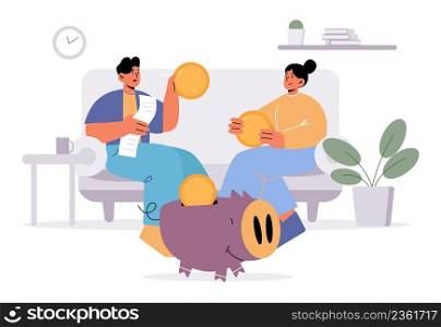 Couple plan family budget, manage finance for save money. Vector flat illustration of house interior with piggy bank, man and woman hold coins and financial bill and planning home economy. Couple plan family budget, manage finance