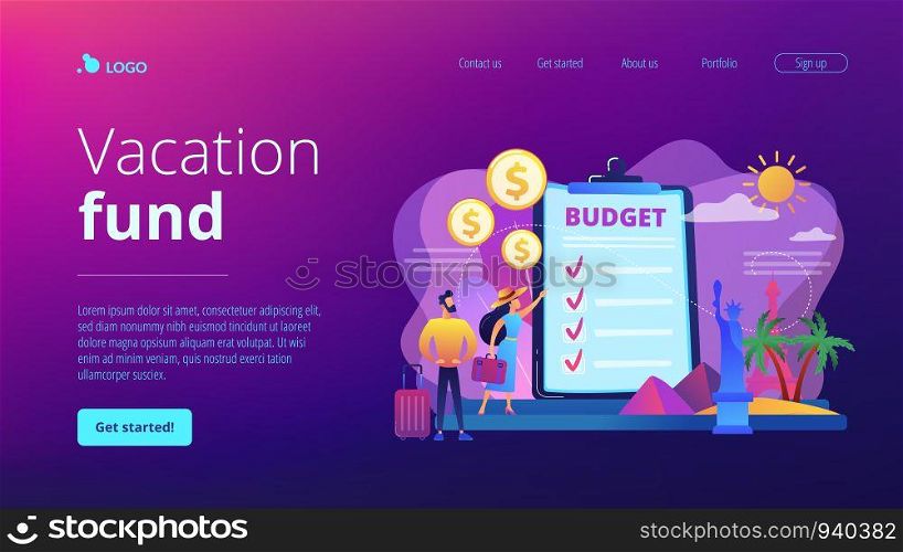 Couple planning honeymoon holiday, choosing trip destination flat characters. Vacation fund, summer spending plan, vacation budget plan concept. Website homepage landing web page template.. Vacation fund concept landing page.