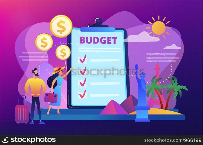 Couple planning honeymoon holiday, choosing trip destination flat characters. Vacation fund, summer spending plan, vacation budget plan concept. Bright vibrant violet vector isolated illustration