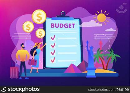 Couple planning honeymoon holiday, choosing trip destination flat characters. Vacation fund, summer spending plan, vacation budget plan concept. Bright vibrant violet vector isolated illustration
