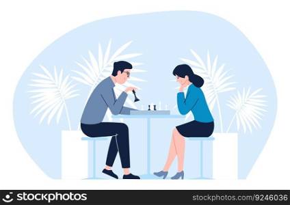 Couple play chess. Man and woman rest, popular logic table game. Strategy metaphor, male vs female flat vector business concept of chess game together play illustration. Couple play chess. Man and woman rest, popular logic table game. Strategy metaphor, male vs female flat vector business concept