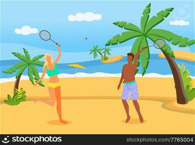 Couple playing badminton on beach. Husband and wife with tennis racquets resting at resort. Cheerful people on sandy beach are playing. Friendly competition on sea shore. Active summer leisure pastime. Couple playing badminton on beach. Husband and wife with tennis racquets resting at summer resort
